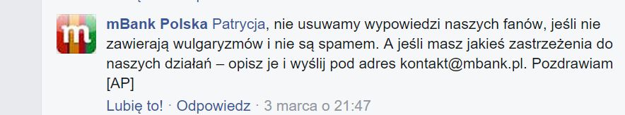 mBank Facebook odpowiedz