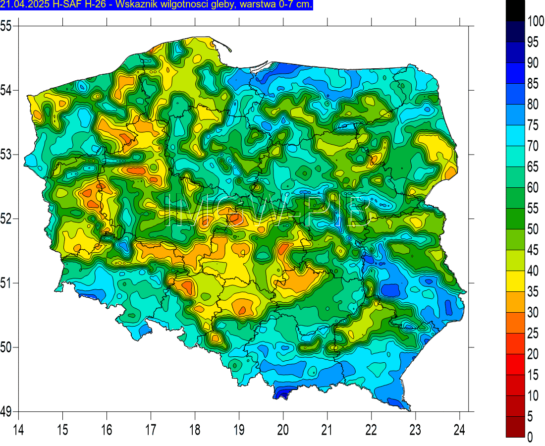 Wilgotność gleby 21.04.2025 w Polsce (dane IMGW-PIB)