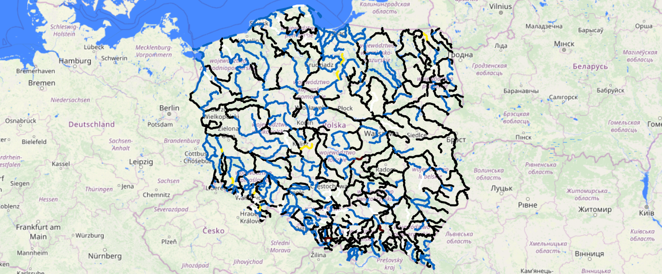 Stan wód w polskich rzekach, dane z 21.04.2025 (IMGW-PIB)